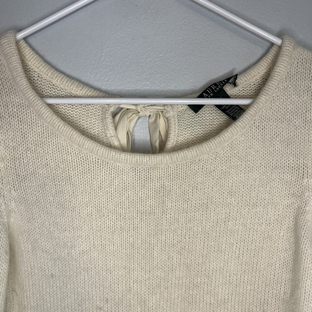 Lauren Ralph Lauren Womens Alpaca Blend Sweater V Neck Cream Sz M Lace Bow Luxe - Picture 3 of 10